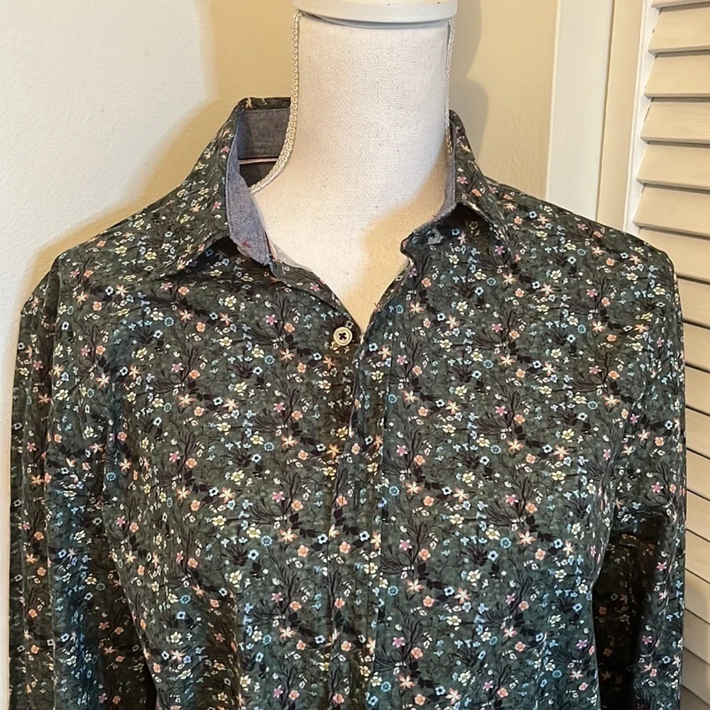 𝅺ZARA Slim Fit Green Floral Collared Button Down Shirt.  Size Medium - Picture 2 of 10